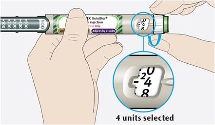 Select 4 units by turning the dose selector until the dose pointer is at the 4 mark.