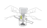 Cut open the packet of Noxafil PowderMix at the dotted line and add all of the Noxafil PowderMix to the mixing cup. Make sure the packet of Noxafil PowderMix is completely empty.image