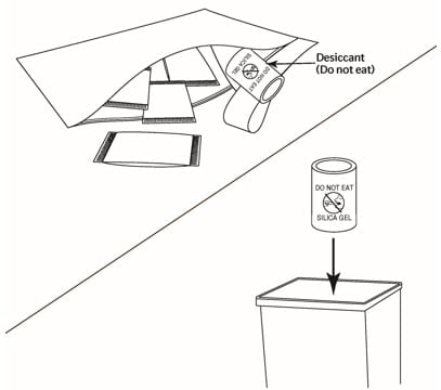 Open the silver aluminum bag that contains 60 silver-colored packets of Pradaxa Oral Pellets and a desiccant container. Throw away (dispose of) desiccant container in your household trash.image