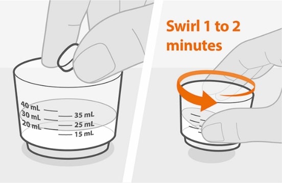 Add the prescribed number of tablet(s) to the water and stir gently for 1 to 2 minutes.image