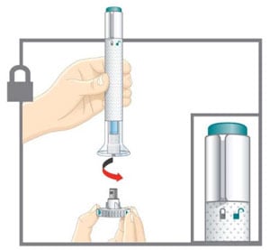 Make sure the Pen is locked. Leave the base cap on until you are ready to inject.    Twist off the base cap and throw it away in your household trash.image