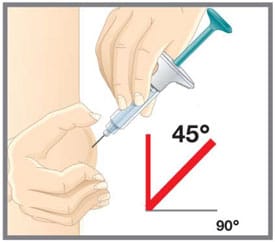 Gently pinch and hold a fold of skin where you will inject. Insert the needle at a 45-degree angle.image