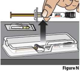 Remove the needle package and Besremi prefilled syringe from the plastic tray. Hold the prefilled syringe by the middle of the syringe body during removal (Figure N).image