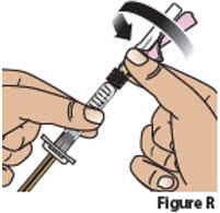 Attach the needle to the prefilled syringe by firmly pushing it into the collar of the syringe and then screwing (turn clock-wise) it on until it feels securely attached (Figure R).image