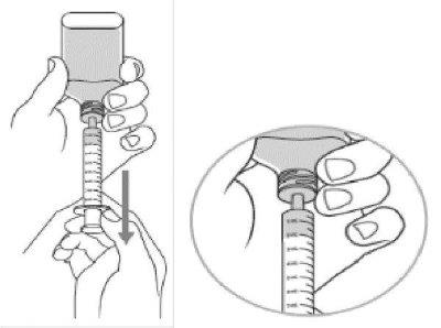 With the oral dosing dispenser in place, hold the Dyanavel XR bottle with 1 hand and turn the bottle upside down. Pull the plunger down until the white end of the plunger reaches the number of mLs you need for the prescribed dose.image