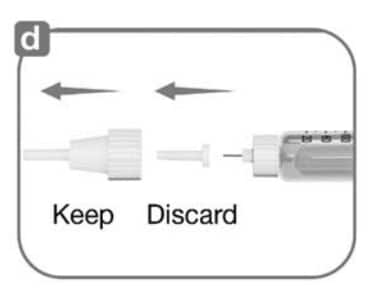 Take off the outer needle cap and keep it to remove the used needle after injection. Take off the inner needle cap and discard it.image