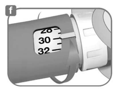 Select your required dose (in the example below, the selected dose is 30 units). If you turn past your dose, you can turn back down.image