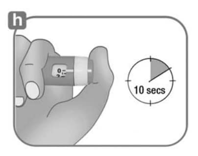 Deliver the dose by pressing the purple injection button in all the way. The number in the dose window will return to “0” as you inject. The white dose knob will turn, and you will hear “clicks” as you press down.image