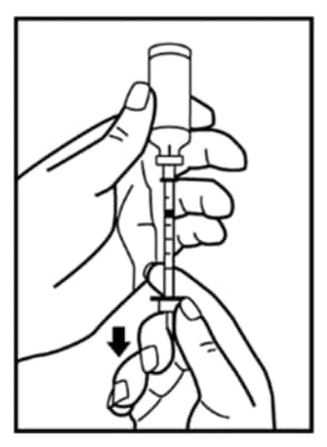 Leave the syringe in the vial and turn both upside down. Hold the syringe and vial firmly in one hand. Make sure the tip of the needle is in the insulin. With your free hand, pull the plunger to withdraw the correct dose into the syringe.image