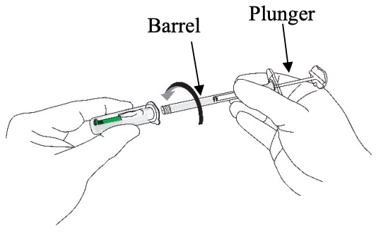 Hold the lanreotide needle cap with one hand and the syringe barrel with the other. Insert the open end of the syringe into the open end of the needle cap and twist the syringe barrel clockwise until it it tight.