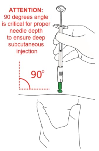 Hold the lower part of the lanreotide syringe barrel and position the injection at a 90 degree angle to the skin.