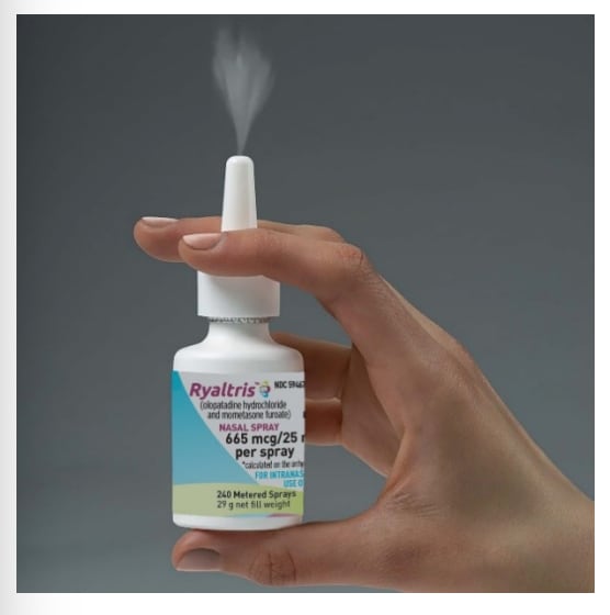Before first use of Ryaltris, push down on the pump quickly and firmly 6 times, releasing the spray into the air, away from the eyes and face until a fine mist appears.