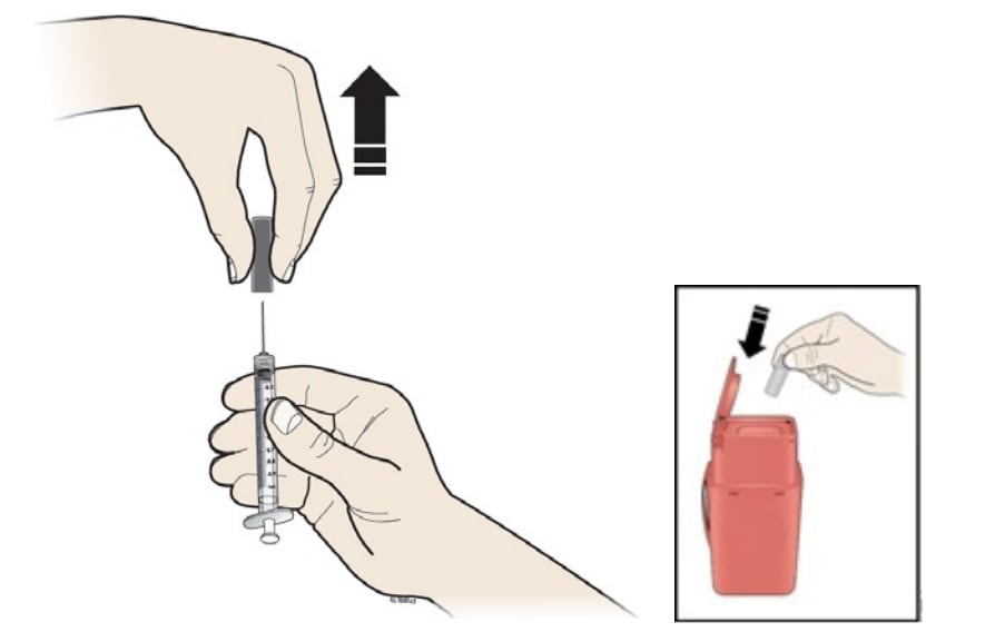 Hold the syringe for your Releuko by the barrel with the needle cap pointing up. Throw the cap into the sharps disposal container.