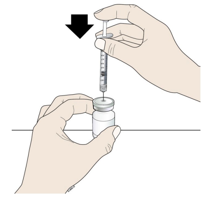 Push the plunger down and inject all the air from the syringe into the vial of Releuko.
