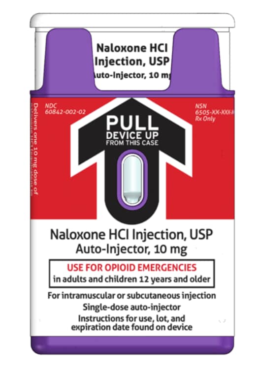 Kaleo's naloxone hydrochloride injection auto-injector inside the outer case -  image of how it looks before use.