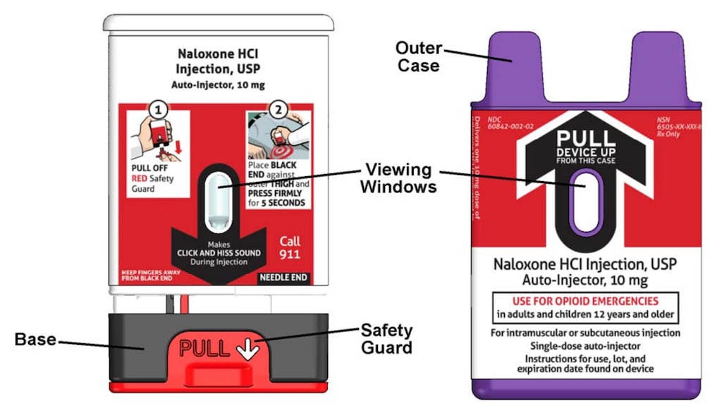 Kaleo's naloxone hydrochloride injection auto-injector - image with outer case removed.