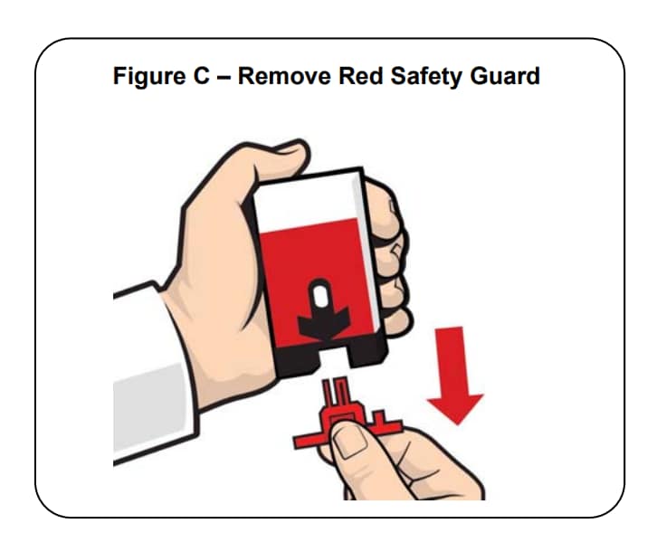 Pull down to remove the red safety guard on the naloxone hydrochloride auto-injector.