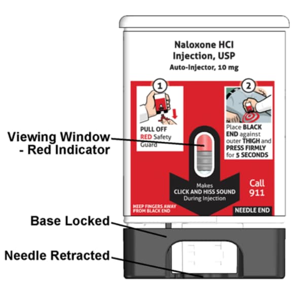 Image of Kaleo's naloxone hydrochloride auto-injector after use. Viewing window shows red indictor, base is locked and needle retracted.