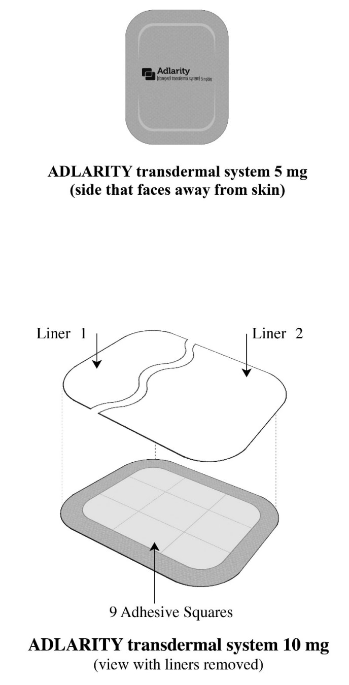 Image of side of 5mg Adlarity transdermal system that faces away from skin and 10mg system with liners removed and 9 adhesive squares.. 