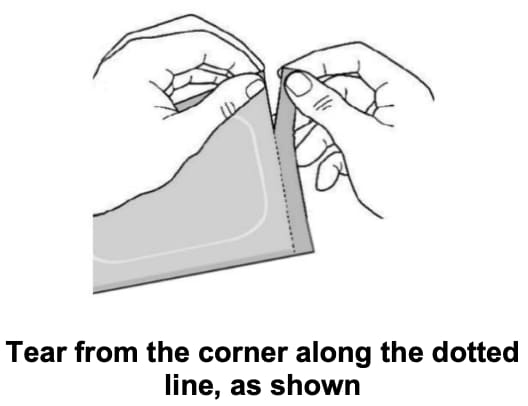 To remove the Adlarity transdermal system from its pouch tear from the corner along the dotted line.