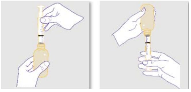 Push the plunger of the oral syringe into the adapter in the Ztalmy bottle and turn the bottle upside down.