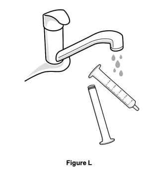 Remove the plunger from the oral syringe barrel by pulling the plunger and the barrel away from each other. Rinse the oral syringe (plunger and barrel) with water only. Allow it to air dry.image
