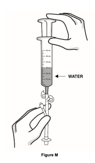 Using a catheter-tip syringe, flush the feeding tube with 1 ounce (30 mL) of water.image