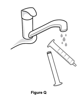 Remove the plunger from the oral syringe barrel by pulling the plunger and barrel away from each other. Rinse the oral syringe (plunger and barrel) with water only.image