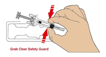 Open the tray by peeling away the cover. Grab the clear safety guard to remove the prefilled syringe from the tray. image