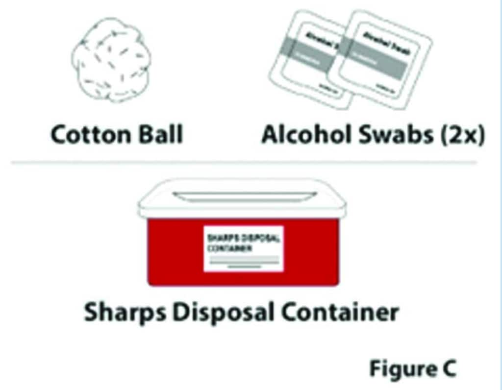 Gather cotton ball, alcohol swabs and sharps disposal container.