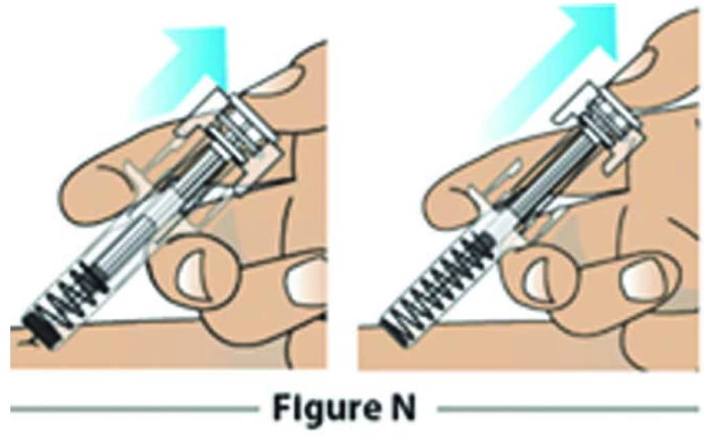 Keep the Fylnetra syringe plunger fully pressed down and start pulling the needle carefully straight out. As you pull it out slowly release the pressure on the plunger and allow it to rise up.