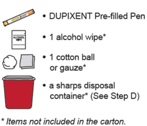 Gather supplies including the Dupixent pre-filled pen, 1 alcohol wipe, 1 cotton ball or gauze and a sharps disposal container.