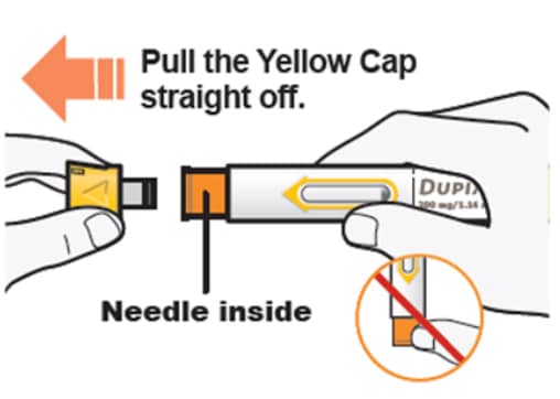 Pull the yellow cap straight off your Dupixent pre-filled pen to reveal needle inside.
