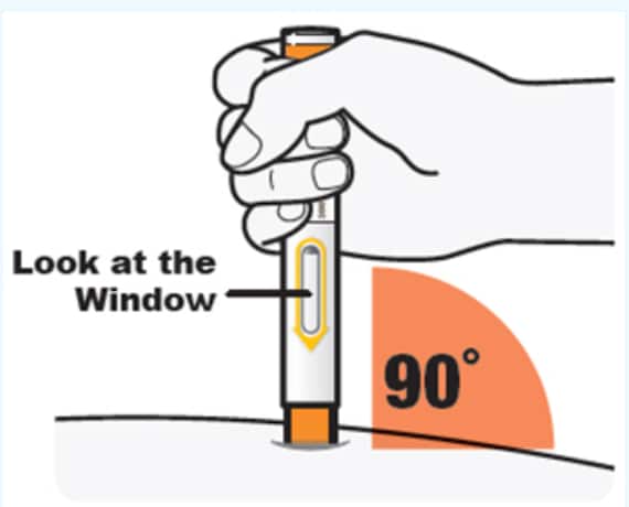 Hold the Dupixent pre-filled pen so that you can see the window on the pen. Place the orange needle cover on your skin and hold the pen at a 90-degree angle.