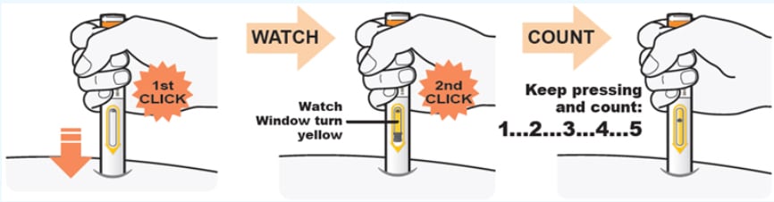 Press down on the pen, watch the window turn fully yellow and then count to 5 while holding the pen in place.