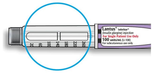 Image shows part of the Lantus SoloStar Pen to look at to check how the insulin looks.