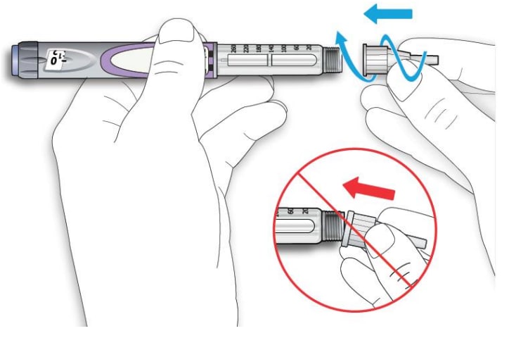 Screw the needle onto your Lantus SoloStar Pen, but take care not to over tighten it.