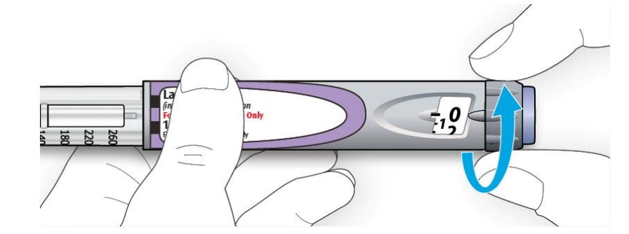 Turn the dose selector dial on your Lantus SoloStar Pen until the dose lines up with your dose of insulin.