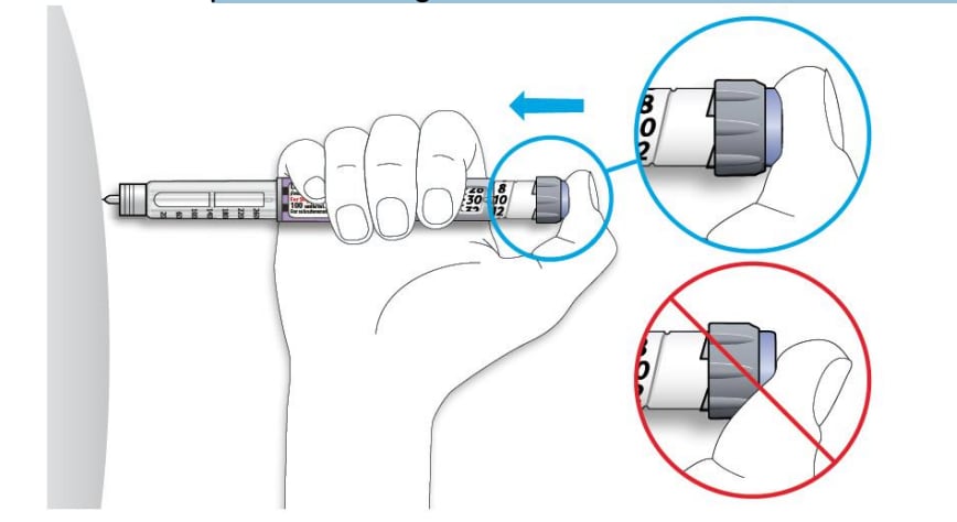 Thumb placed on. the injection button of the Lantus SoloStar Pen. Thumb held level so as not to stop the dose selector from turning.