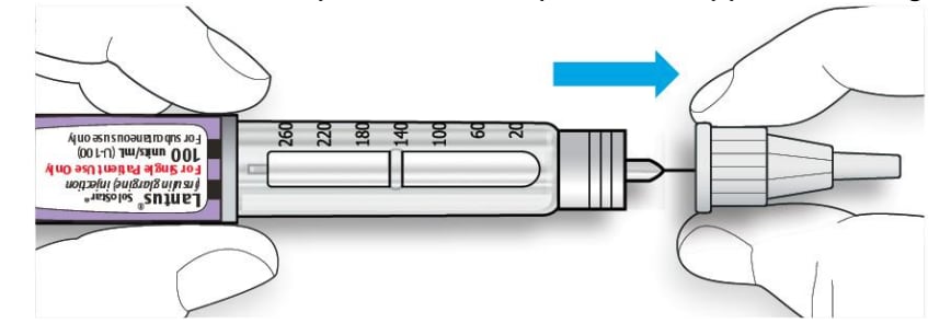 Push the needle cap back on firmly taking cap to keep the needle straight so that it doesn't puncture the cap.