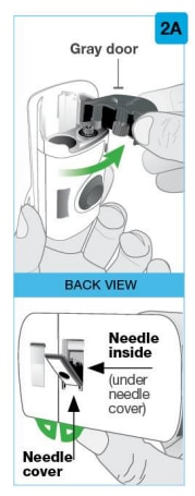 Fully open the gray door. Avoid touching the needle cover.