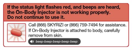 If status light flashes red then the on-body injector is not working properly and should not be used.