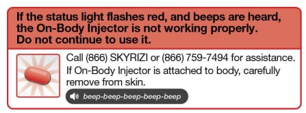 If status light flashes red then the on-body injector is not working properly and should not be used.
