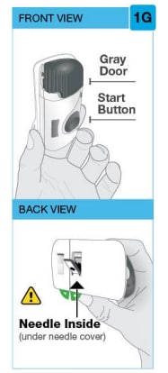 Inspect the front and back of the on-body injector. Do not touch the gray start button until ready to inject.