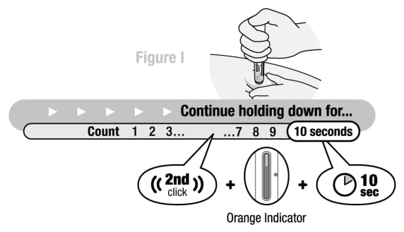 Continue pushing the body of the Pen down against the injection site until:  A 2nd “click” was heard, and Orange Indicator has stopped and completely blocked the viewing window (See Figure I), and 10 seconds has passed.image