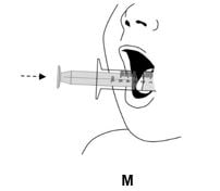 Place the tip of the oral syringe in the mouth right away. If giving to a child, place the tip of the oral syringe along the inner cheek of the child’s mouth.