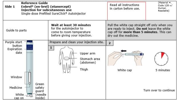 Quick reference guide for Enbrel single-dose prefilled SureClick autoinjector side 1 image.