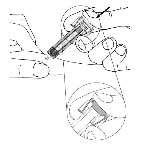 Hold the Cosentyx prefilled syringe finger grips as shown. Slowly press down on the plunger as far as it will go, so that the plunger head is completely between the syringe guard wings.
