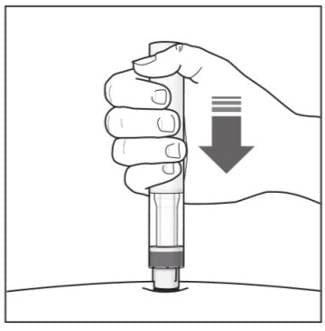 Press the Cosentyx Sensoready Pen firmly against the skin and start to inject. The first "click" indicates the injection has started.