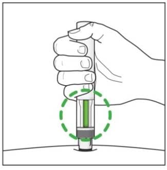 Listen for the second "click" that indicates the injection is almost complete. Check the green indicator fills the window and has stopped moving. Once this happens the Cosentyx Sensoready Pen can be removed.